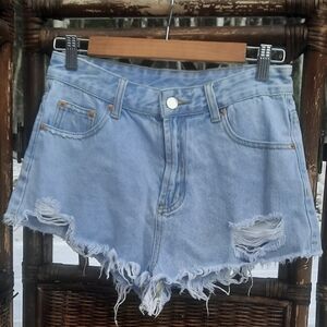 ROMWE Light Blue Frayed Hem Jean Shorts